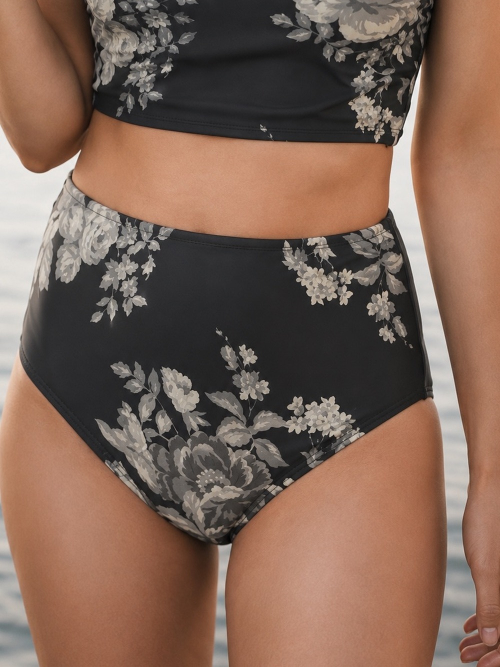 Albion Antigua High Waisted Swim Bottoms Medium Black Gray Floral Bikini Brief